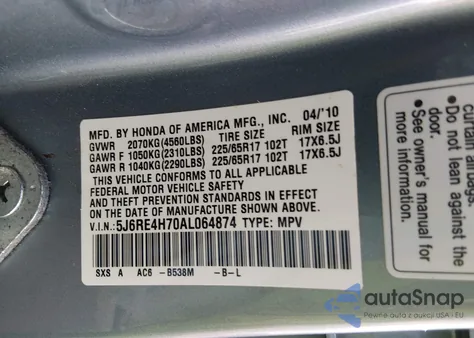 2010 Honda Cr-V Ex-L from USA, damaged, VIN 5J6RE4H70AL064874